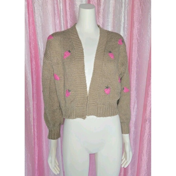 Forever 21 Brown Embroidered Strawberries Cropped Open Cardigan Size Small - Picture 1 of 7